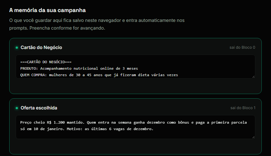 Tela do kit mostrando a memória preenchida com o cartão do negócio de teste, uma nutricionista
